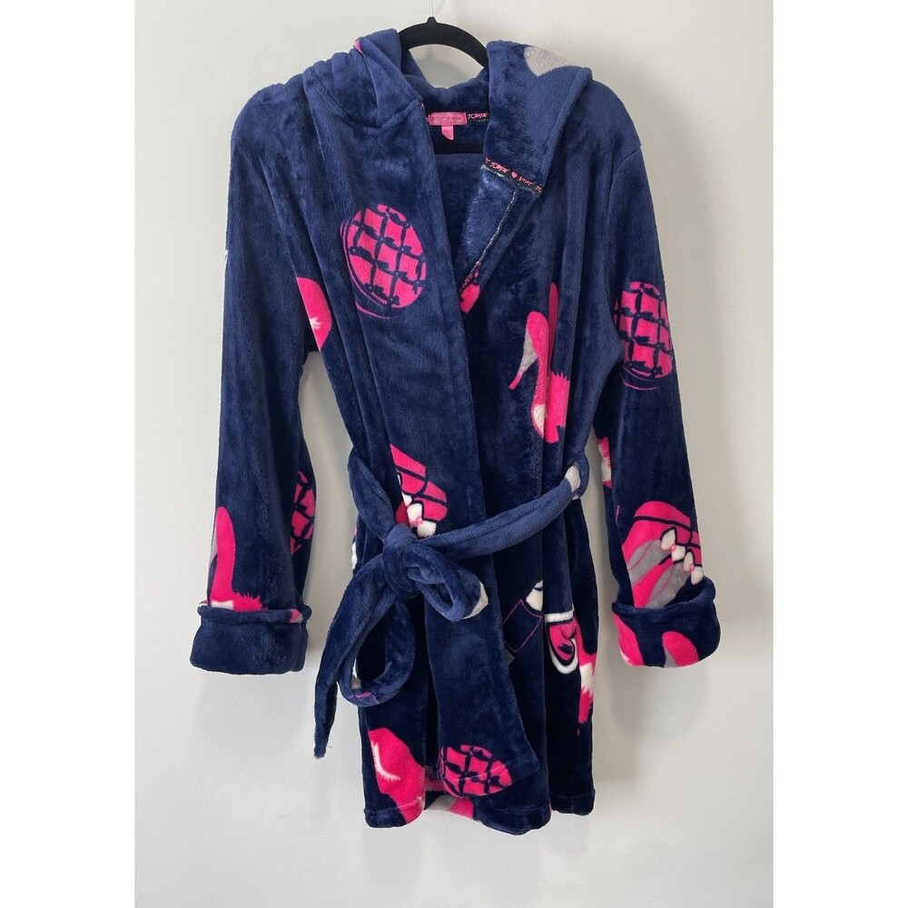 Betsey Johnson M/L Pop Art Hooded Soft Polyester Plush Robe. Navy Hot Pink White